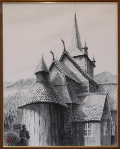 細馬芳博「北欧スターブ教会」(水墨画)