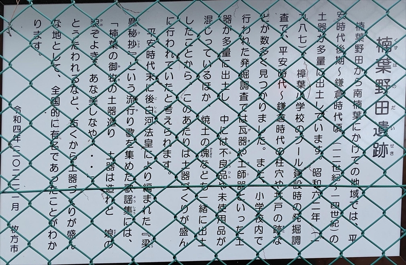 楠葉野田遺跡の表示　（楠葉中学校付近）