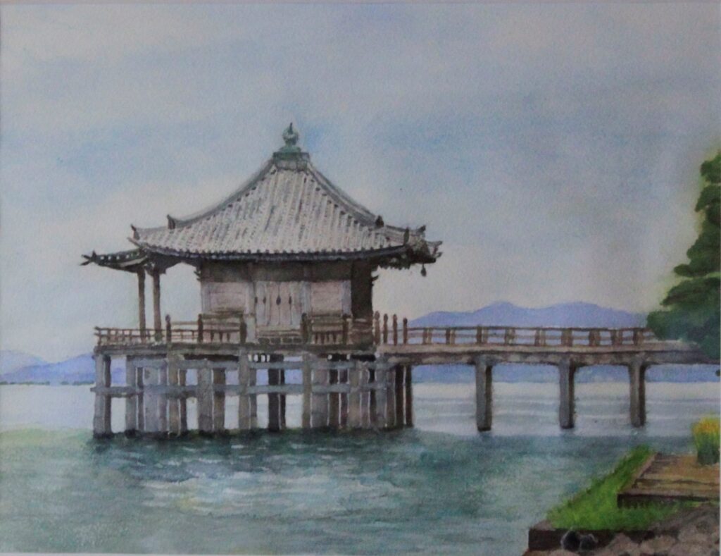 水彩画「秋寒の浮御堂」今村 高